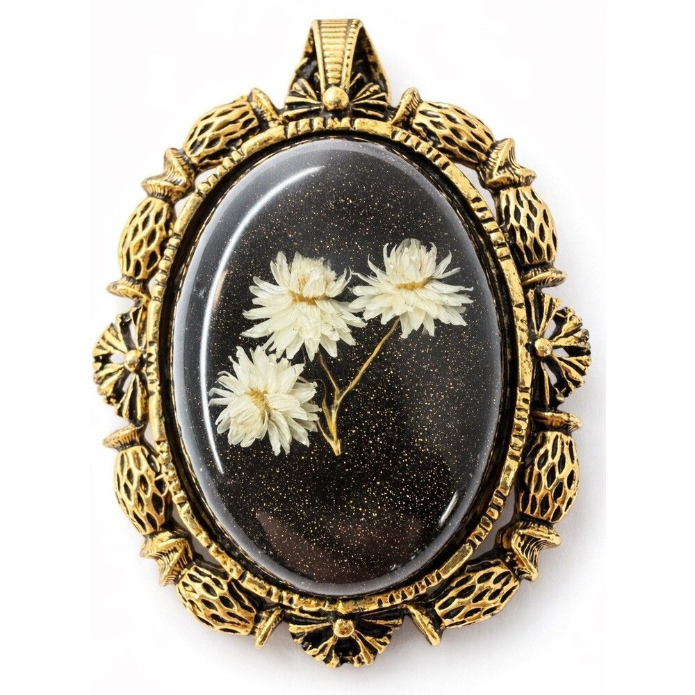Vintage 1970s Black Resin Pressed Flower Brooch Pendant Ornate Gold Tone - Picture 2 of 5